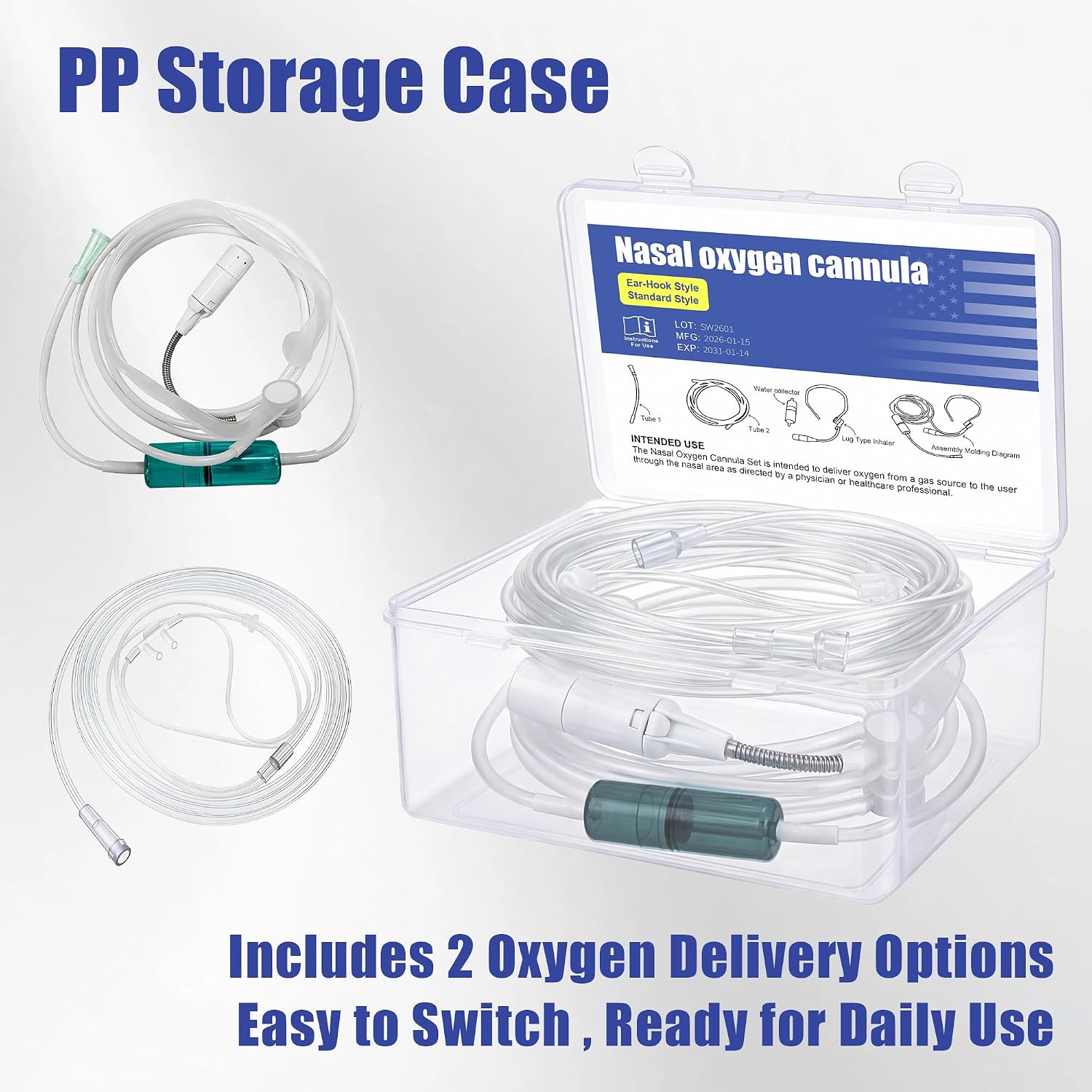 Nasal Cannula for Oxygen, 7ft Oxygen Tubing, Adult, Ear Hooks, PP Box
