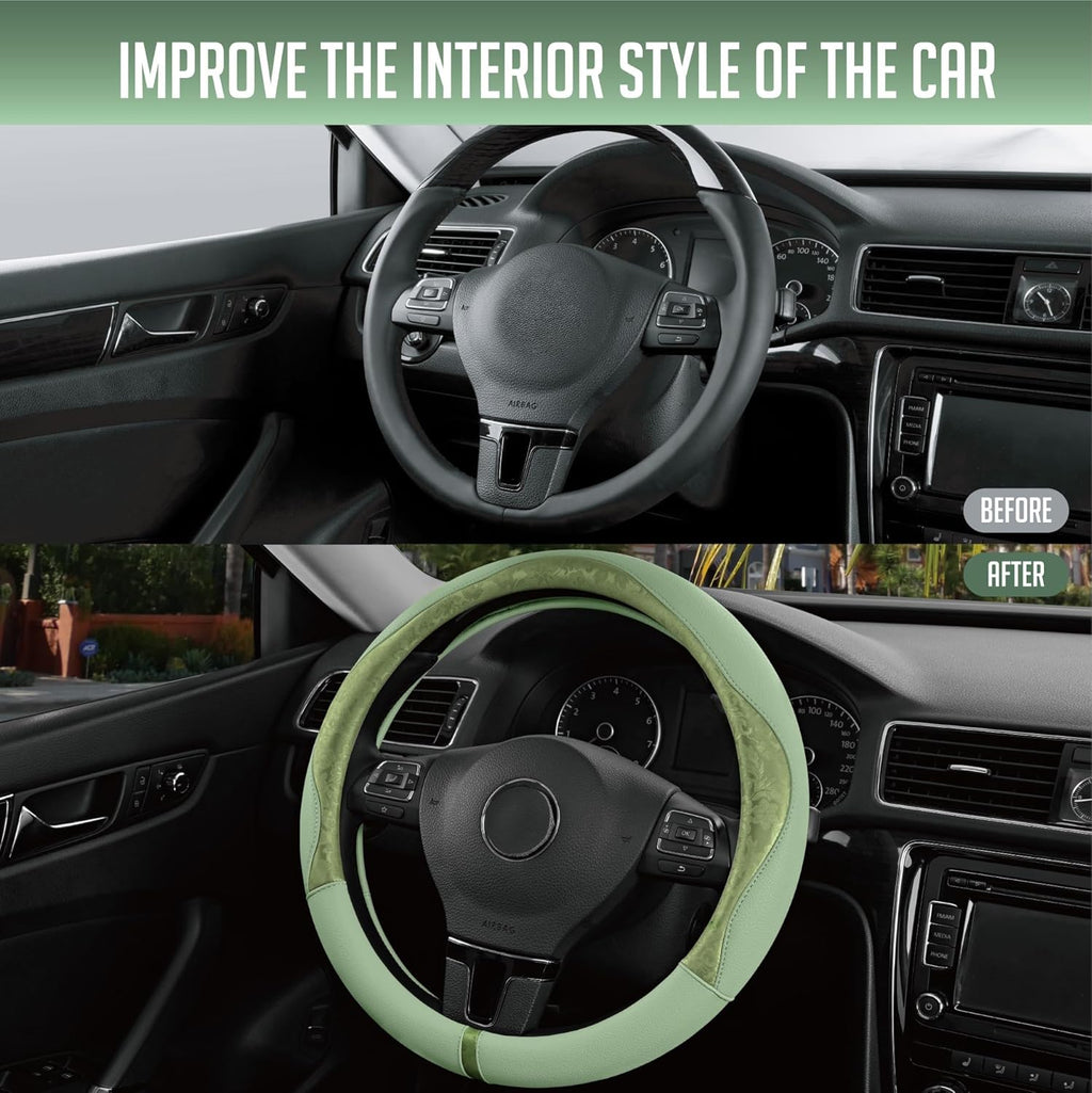 Steering Wheel Cover, Green Patterned Leather Patchwork Design, Universal Fit 14.5"–15.5", Anti-Slip, Odor-Free, Soft