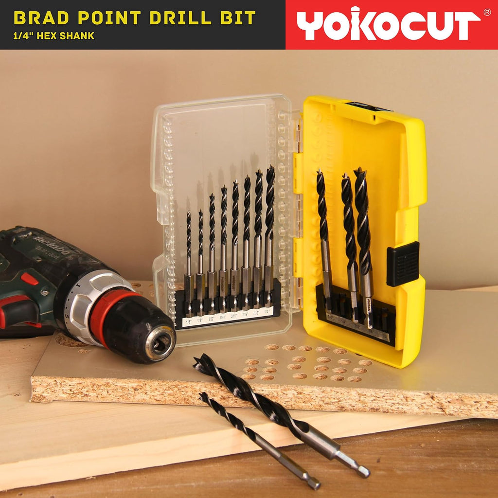 Brad Point Drill Bits Set, 13pcs for Woodworking, 1/4" Hex Shank 1/8" to 1/2" Wood Drill Bits for Hardwood, Plywood