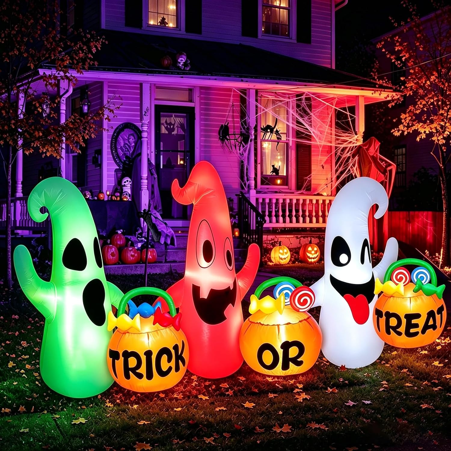 8 Ft Long Halloween Inflatables Three Ghosts with Pumpkin Candy Bags with 3 Colors Light Halloween Decorations