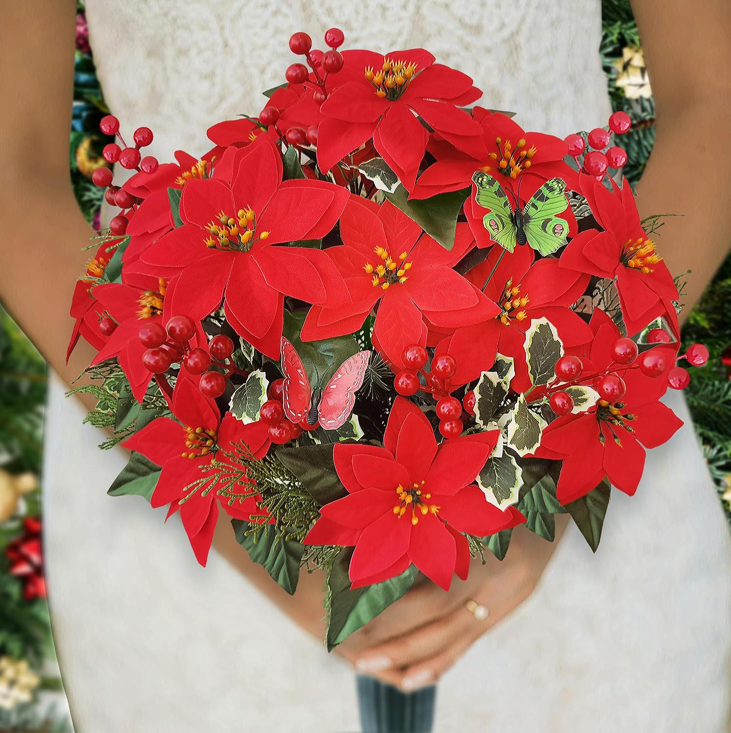 Christmas Cemetery Flowers for Grave- Poinsettia Artificial Flower with Vase for Headstones Graveyard Graveside