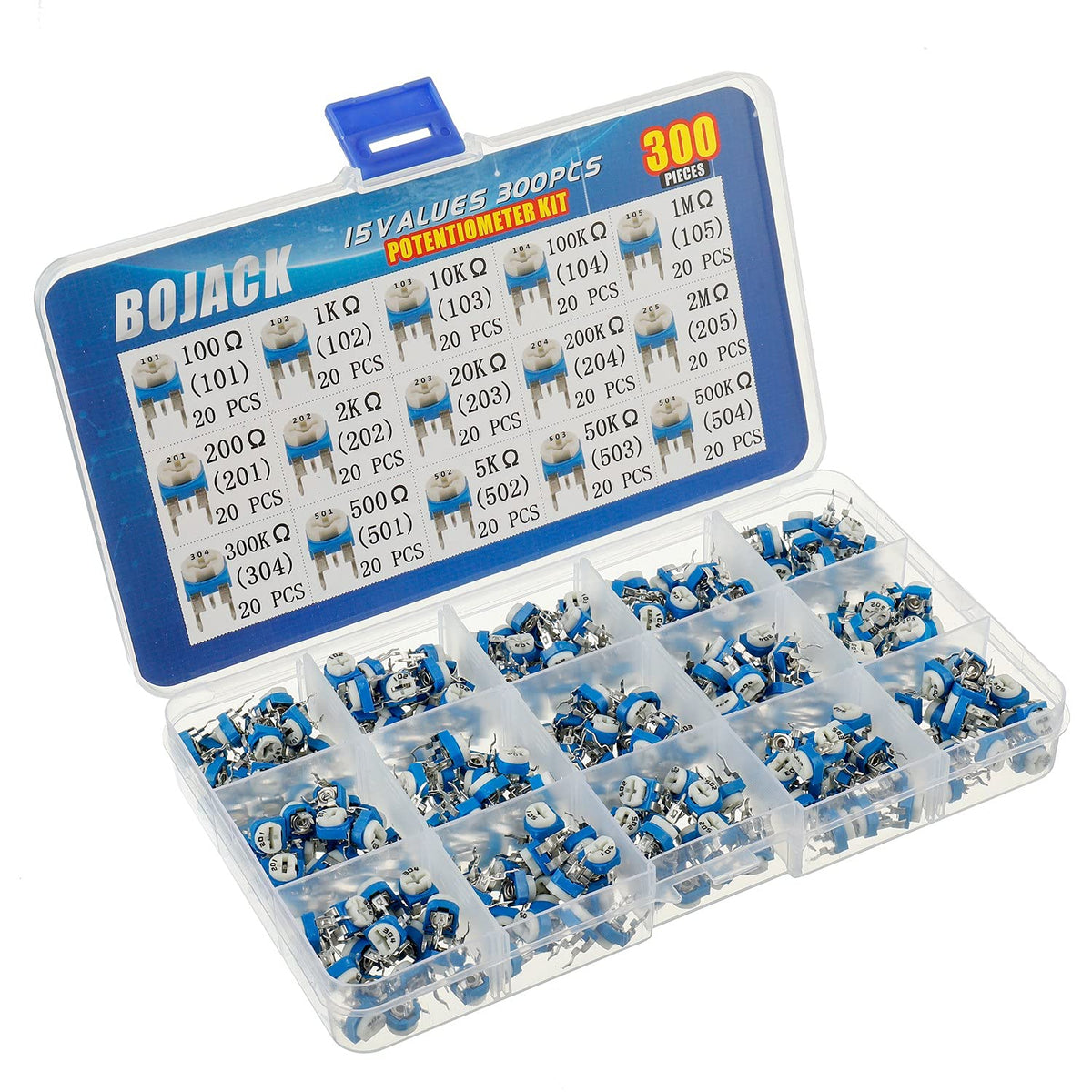BOJACK 15 Values 300 pcs 100 Ohm- 2M Ohm Variable Resistor 6mm Potentiometer Assortment Kit packag in a Clear Plastic Box