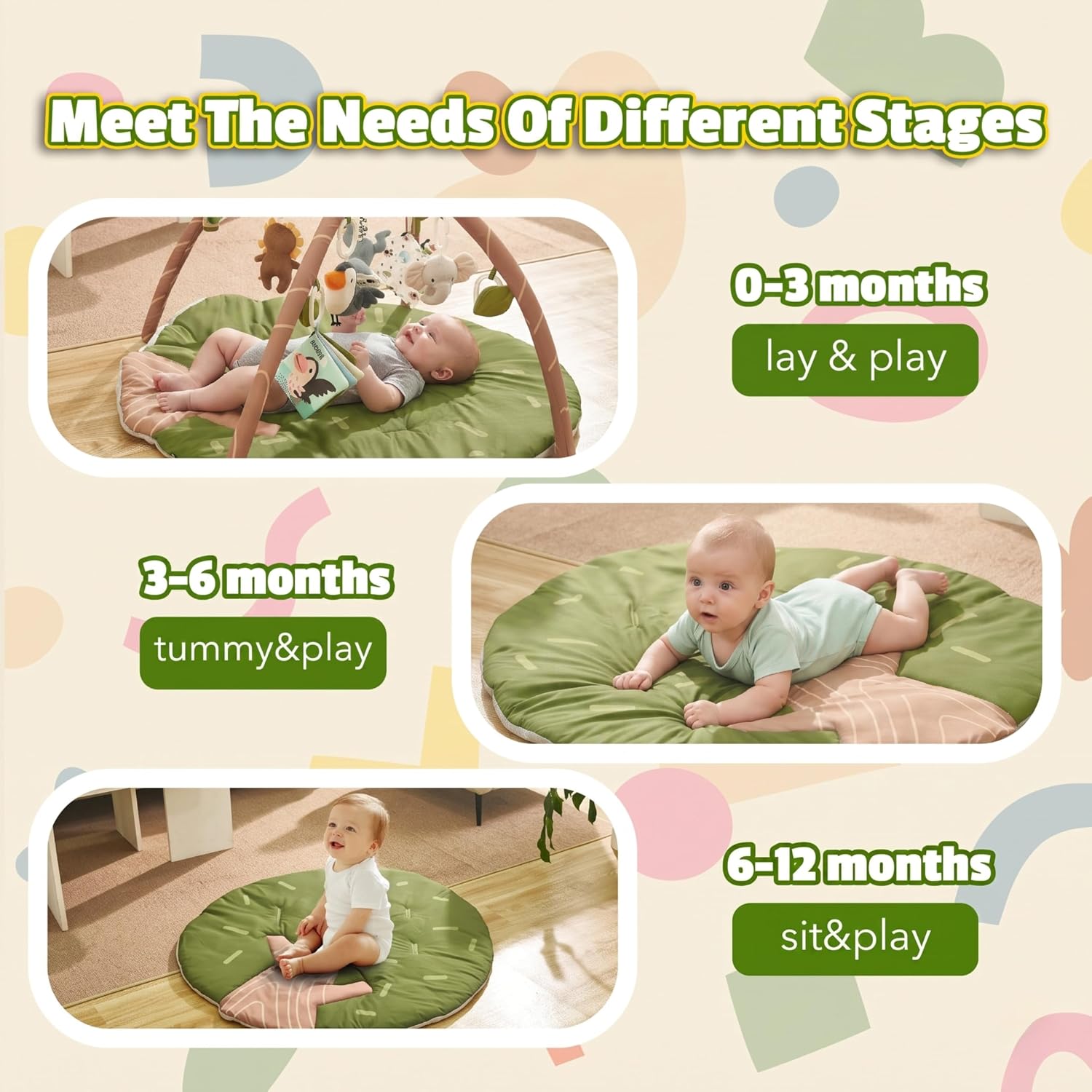 Baby Play Gym and Activity Mat for Newborn 0-6-12 Months | Extra Large Tummy Time Mat with 8 Removable Sensory Toys |