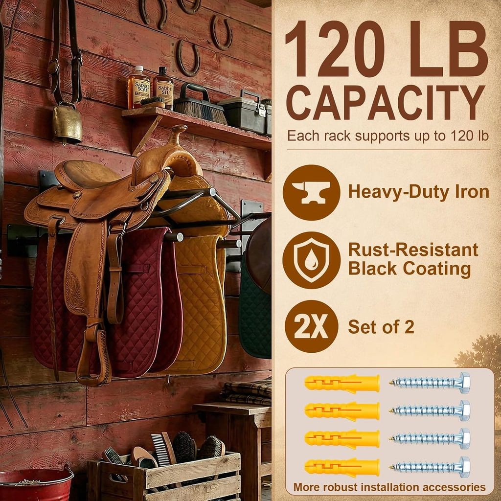 Wall Mounted Saddle Rack Set of 2, 120-lb Capacity Heavy Duty Iron Saddle Stand with Dual Blanket Bars and Tack Hook