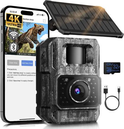 Solar Trail Camera, 4K 64MP WiFi Bluetooth Night Vision Game Camera | Trail Cam with Night Vision Motion Activated