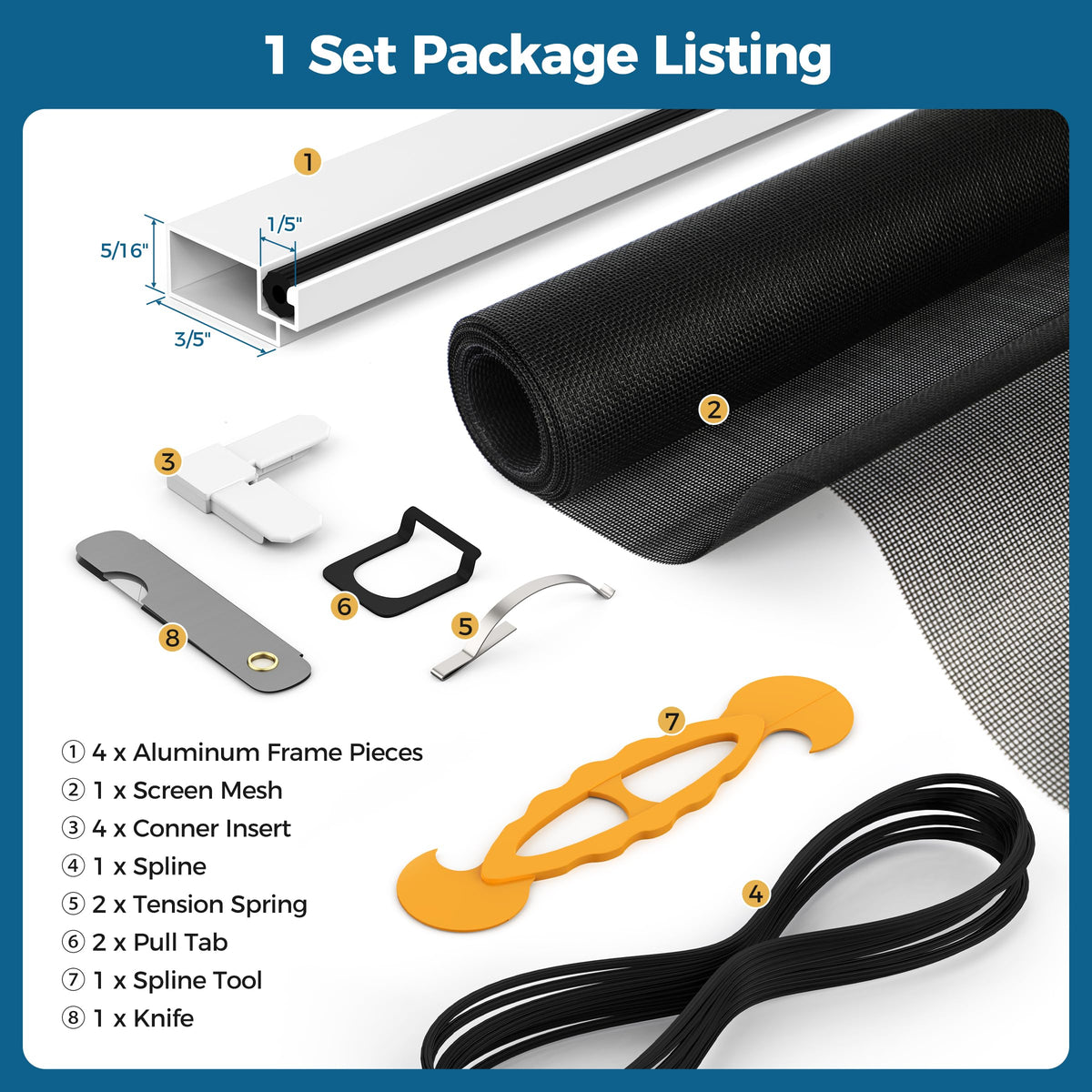 DIY Aluminum Window Screen Frame Kit, 1 Set, 46 in, White