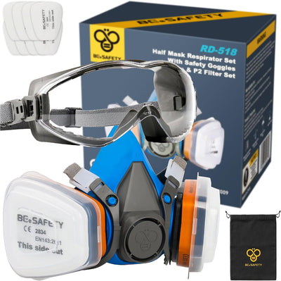Half Face Respirator Mask with Safety Goggles, 2 A1 Organic Vapor Filters & 8 P2 Dust Filters, RD-518 Reusable