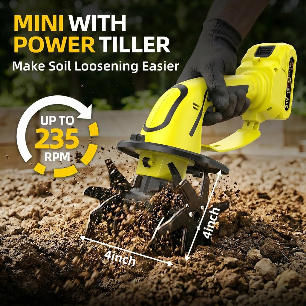 Cordless Tiller Cultivator, 235RPM Electric Hand Tiller with 2.0Ah Battery, 4" Tilling Width & Depth, Powerful Mini
