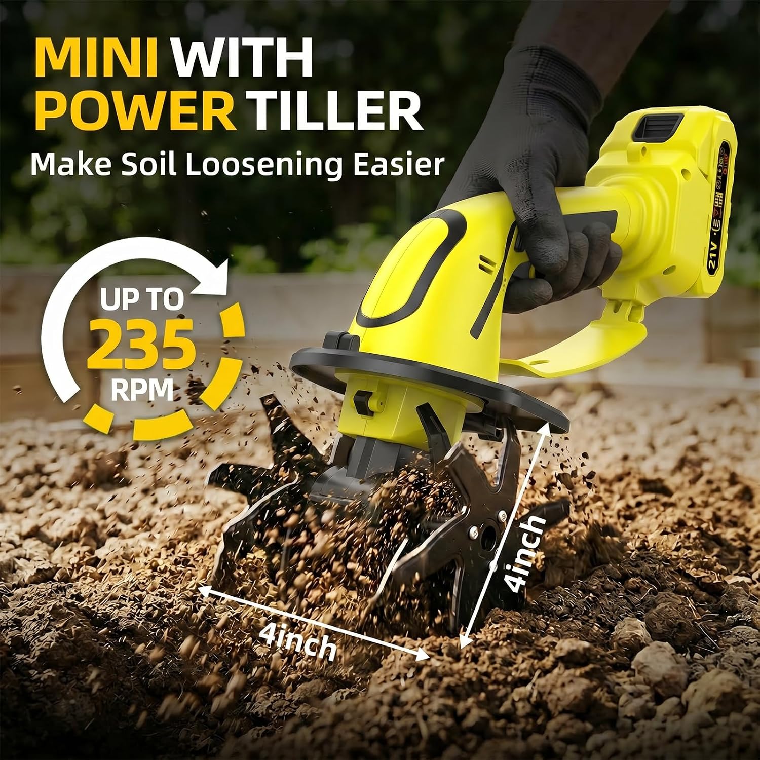 Cordless Tiller Cultivator, 235RPM Electric Hand Tiller with 2.0Ah Battery, 4" Tilling Width & Depth, Powerful Mini