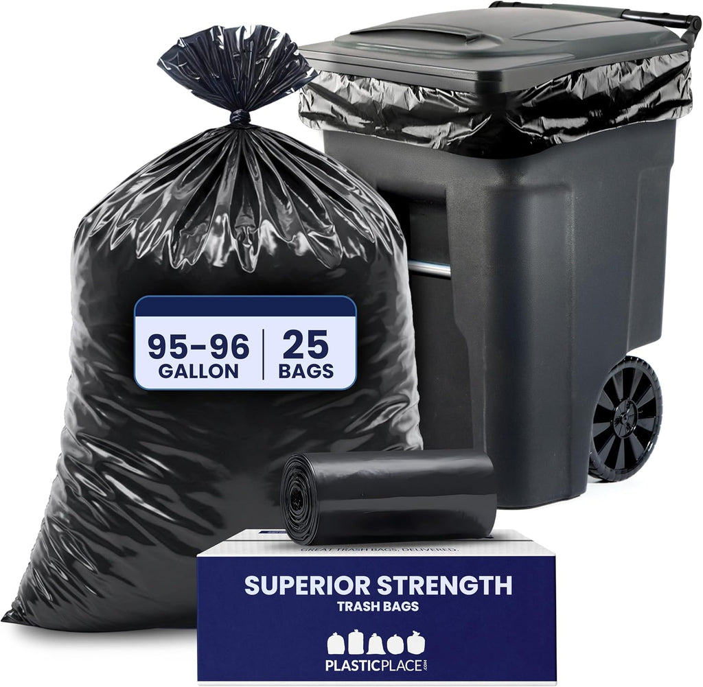 95-96 Gallon Garbage Can Liners Heavy Duty 1.5 Mil Black Trash Bags Tear-Resistant Outdoor Garbage Bags for Rollaway