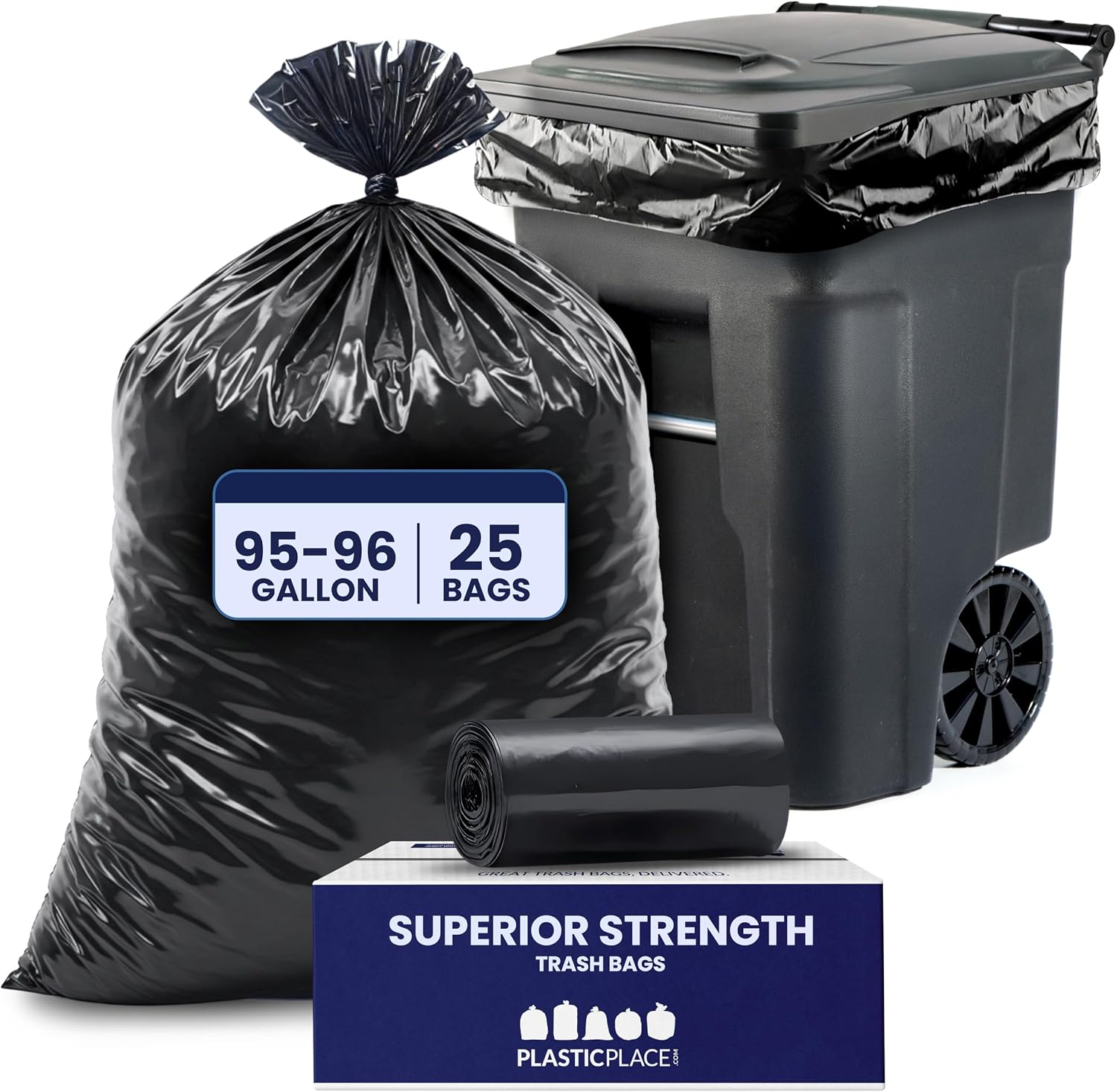 95-96 Gallon Garbage Can Liners Heavy Duty 1.5 Mil Black Trash Bags Tear-Resistant Outdoor Garbage Bags for Rollaway