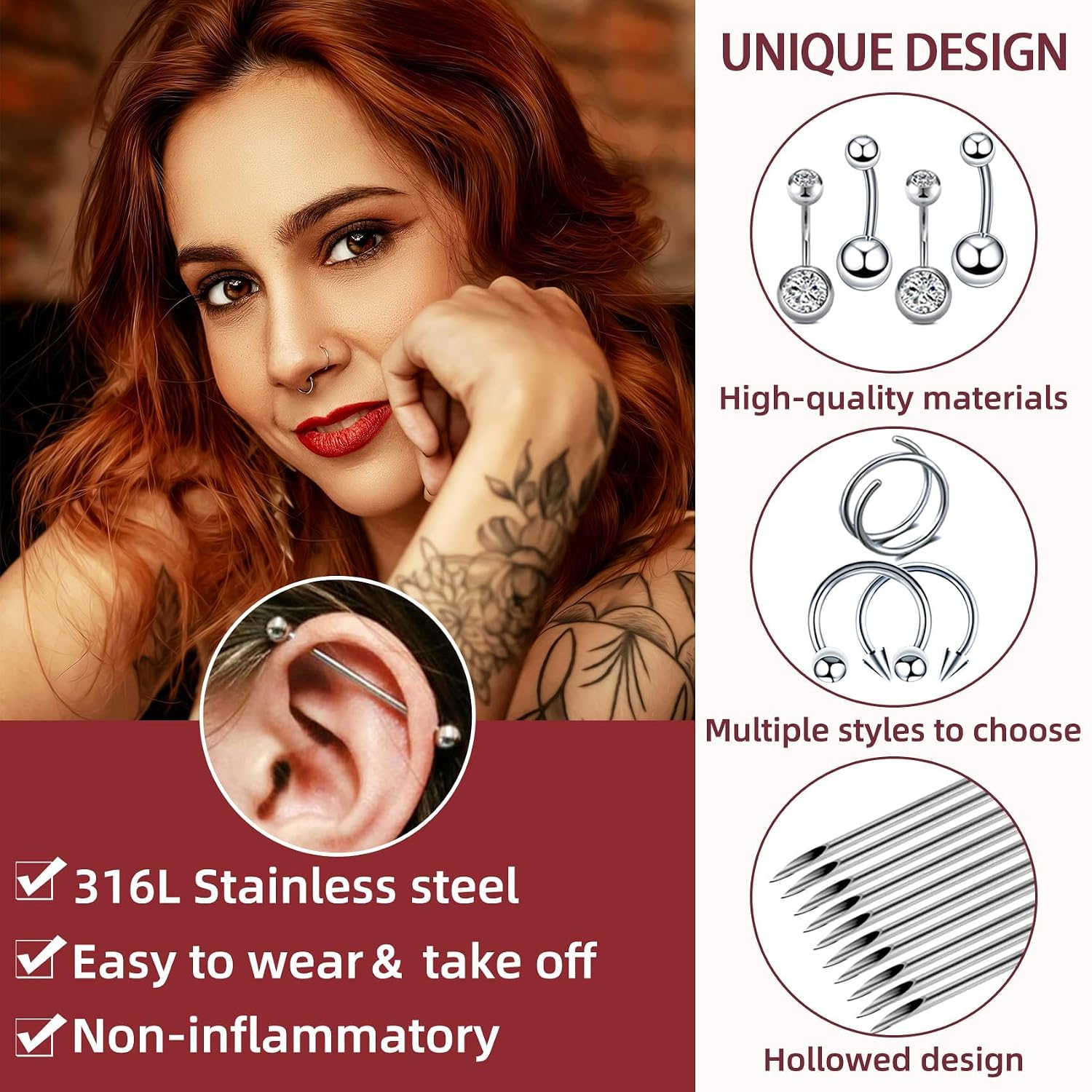 103PCS Piercing Kit for all Body Piercings Stainless Steel Piercing Jewelry with 12G 14G 16G 20G Piercing Needles and