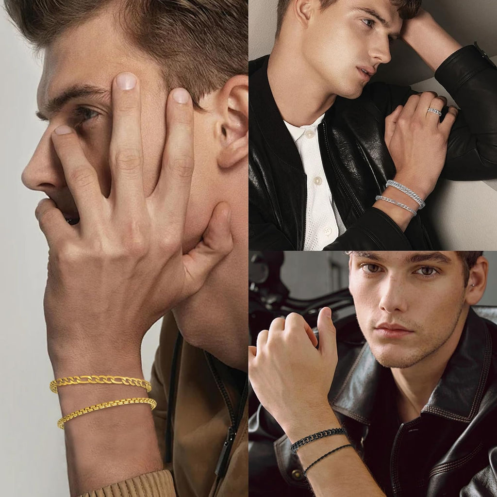 6pc Silver/Gold/Black Stainless Steel Bracelets for Men Gifts | 6.5/7/7.5/8.3/9 Inches Cuban Link Chain Bracelets Set