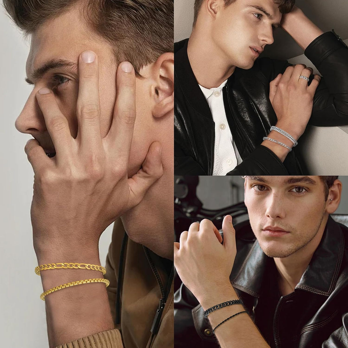 6pc Silver/Gold/Black Stainless Steel Bracelets for Men Gifts | 6.5/7/7.5/8.3/9 Inches Cuban Link Chain Bracelets Set