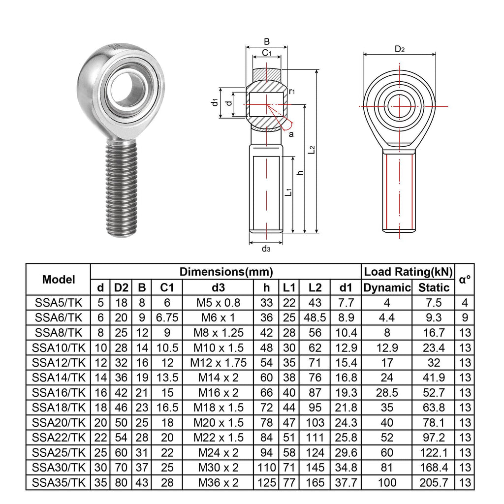 uxcell SSA12T/K Rod End Bearing 12mm Bore Stainless Steel M12x1.75 Male Thread Right Hand