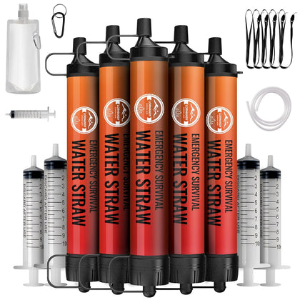 Straw Water Filter 5 Pack – Outdoor Camping & Hiking Survival Gear Kit for Family Use, Ultra-Light Personal Filter