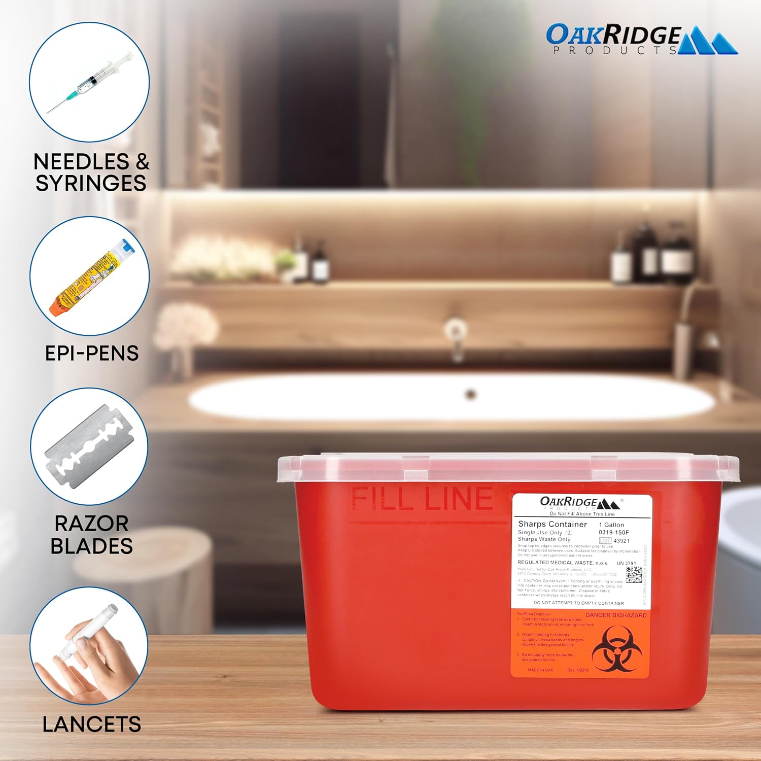Large Sharps Container for Home Use and Professional 1 Gallon (2-Pack), Biohazard Needle and Syringe Disposal, Pop Up