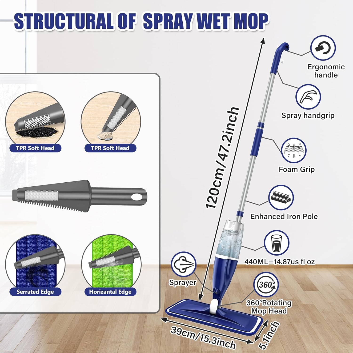 Microfiber Spray Mop for Floors Cleaning: Wet Dry Hardwood Floor Mops with 3 Washable Reusable Pads for Swiffer