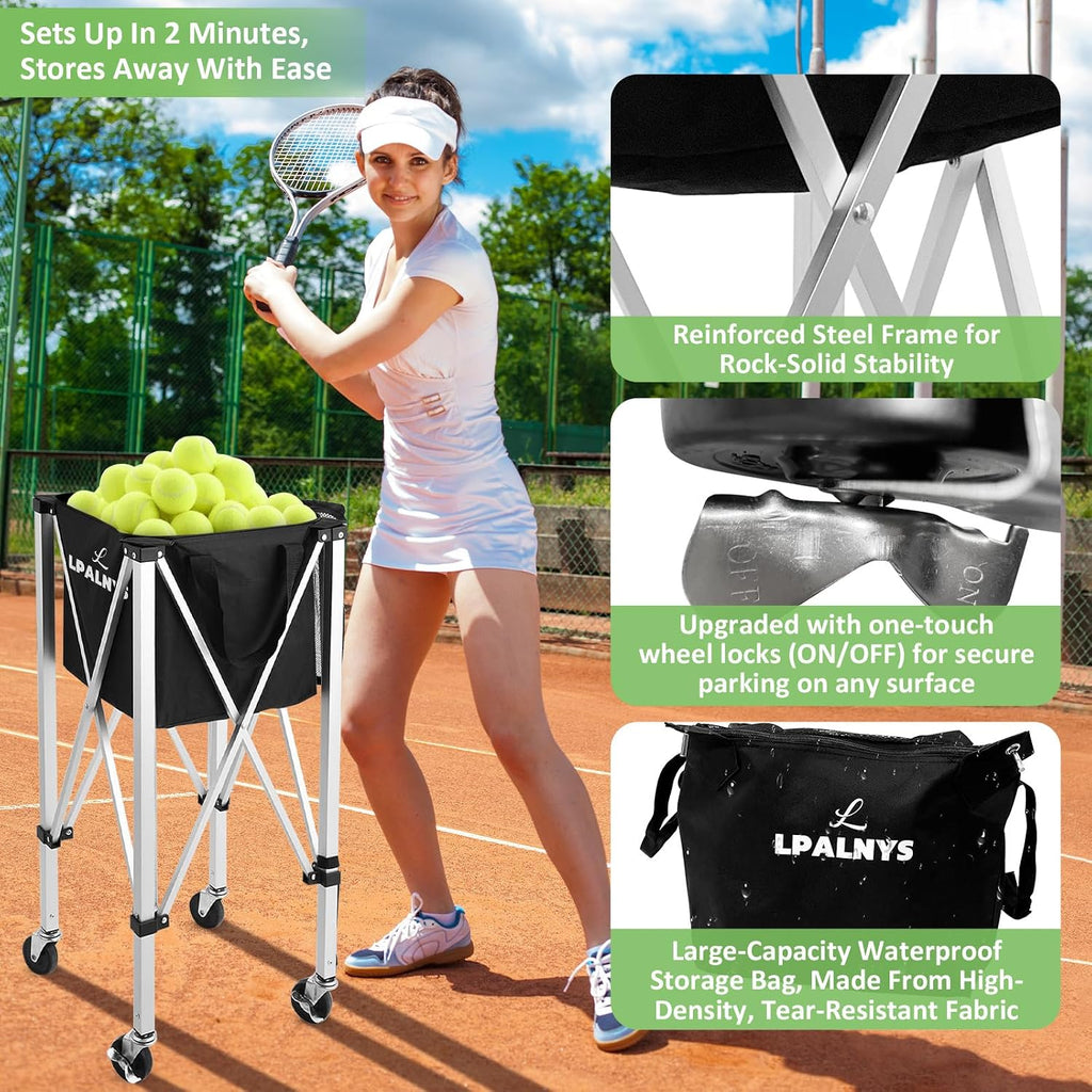 Pickleball Tennis Ball Hopper-Foldable Lightweight Tennis Cart Holds 180 Tennis/160 Pickleballs with Removable