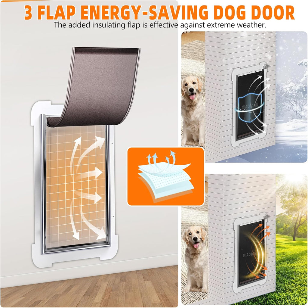 3-Flap Never Rust Extra Large Dog Door for Wall with Sliding Lock Panel