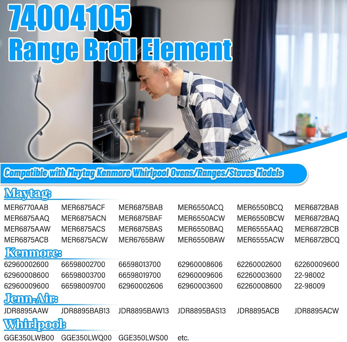 UPGRADED 74004105 Range Bake Element Compatible with Whirlpool Maytag Kenmore Stove Ovens Parts,74004105 Maytag Oven Heating Element Replacement 7406P42760 W10314702 Oven Convection Element