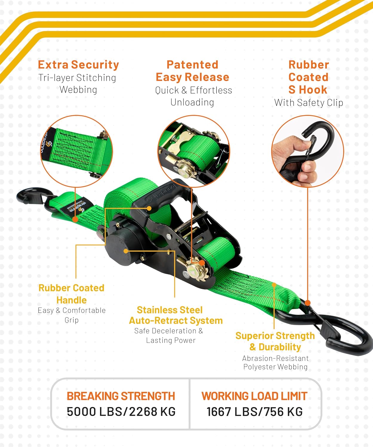 Retractable Ratchet Tie-Down Straps,5,000 lbs Breaking Strength- 2 in x 12 ft Heavy Duty Ratchet Strap with Safety