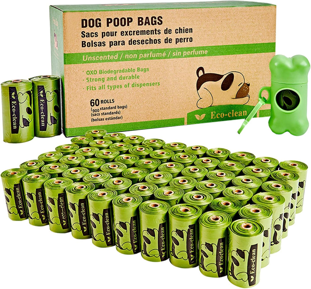 Dog Poop Bags, 60 Rolls / 900 Count Dog Waste Bags with Dispenser and Leash Clip, Unscented, Extra Thick and Strong