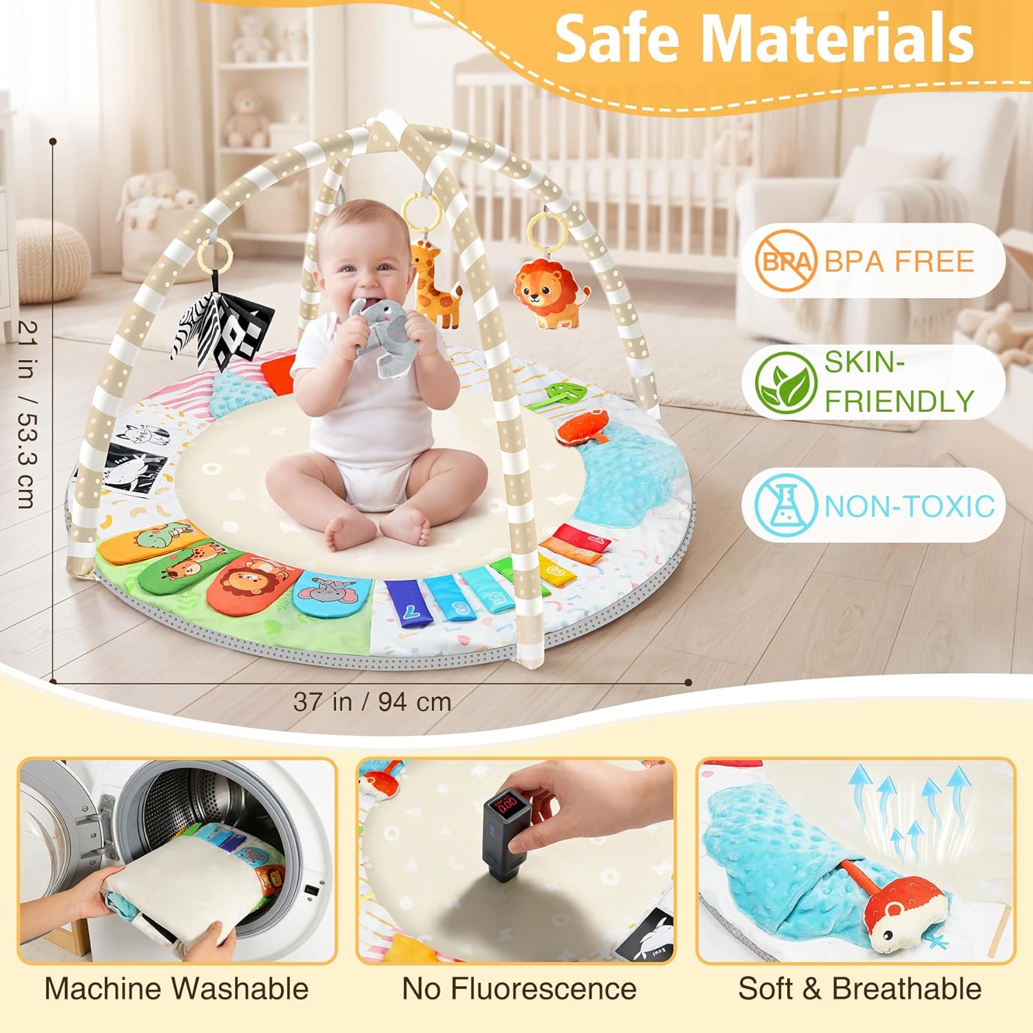 Tummy Time Mat - Comfortable Baby Floor Play Mat Activity Gym for 0-3-6-18 Months, 6 Developmental Zones with 5