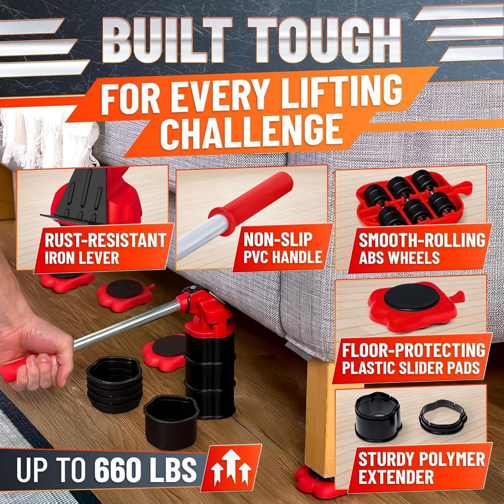 Furniture Lifter Tool with 4 Pcs Appliance Movers Sliders, 660 Lbs | Heavy Duty Furniture Moving Kit with Lifting