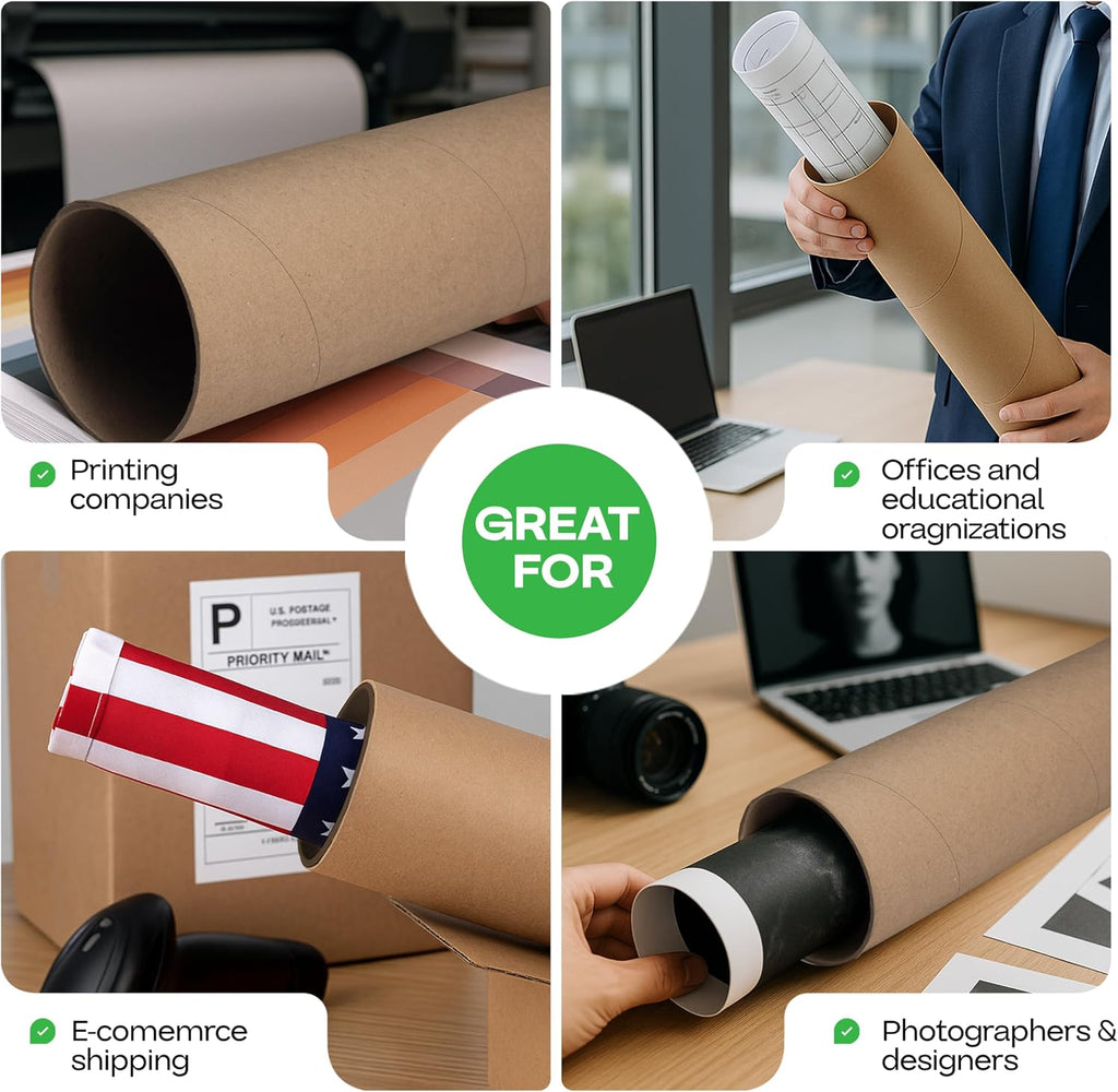 Cardboard Mailing Tube, 3" x 24" with Plastic Caps - USA-Made USPS Approved Poster Tube for Documents & Blueprints