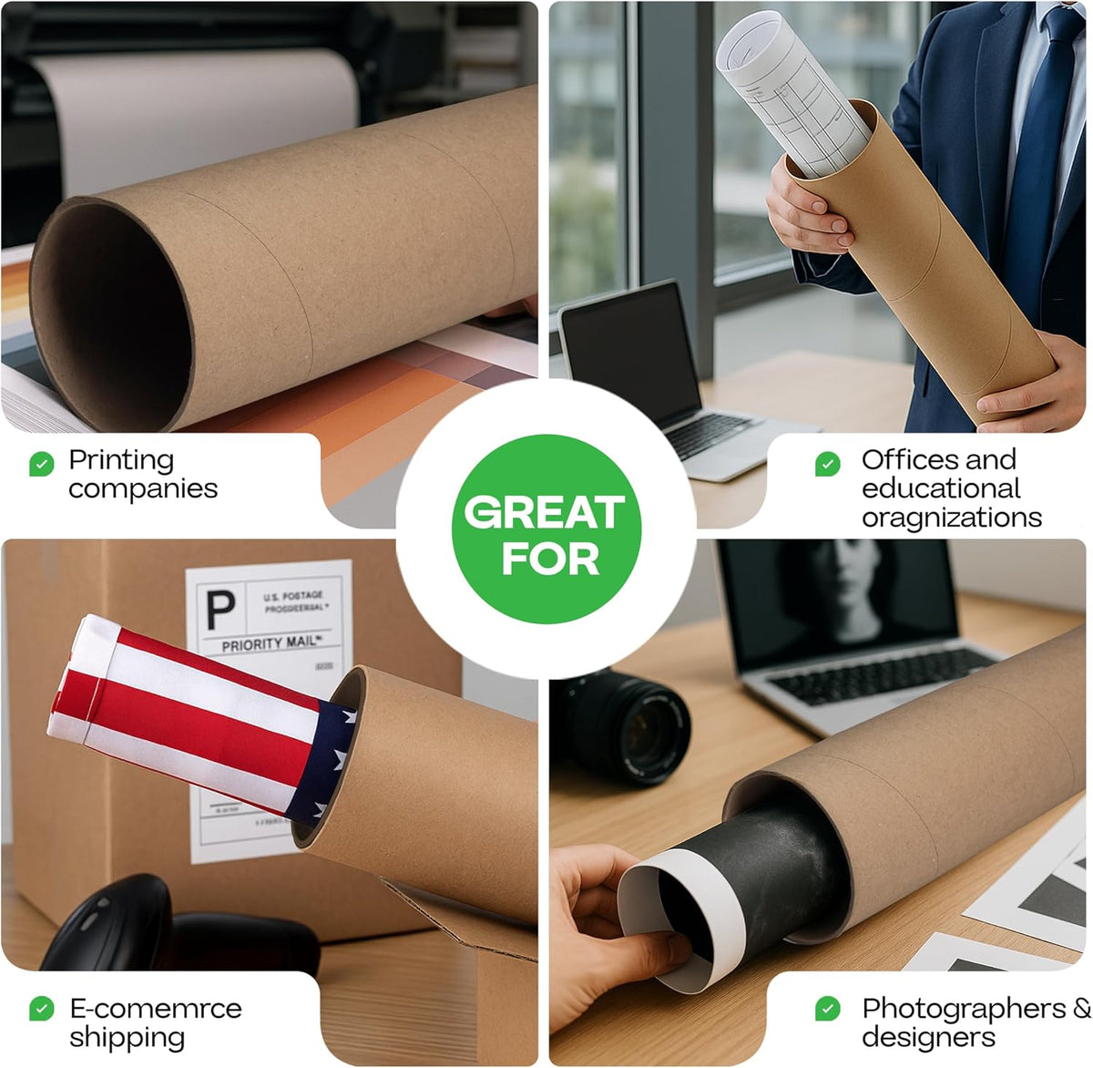 Cardboard Mailing Tube, 3" x 24" with Plastic Caps - USA-Made USPS Approved Poster Tube for Documents & Blueprints
