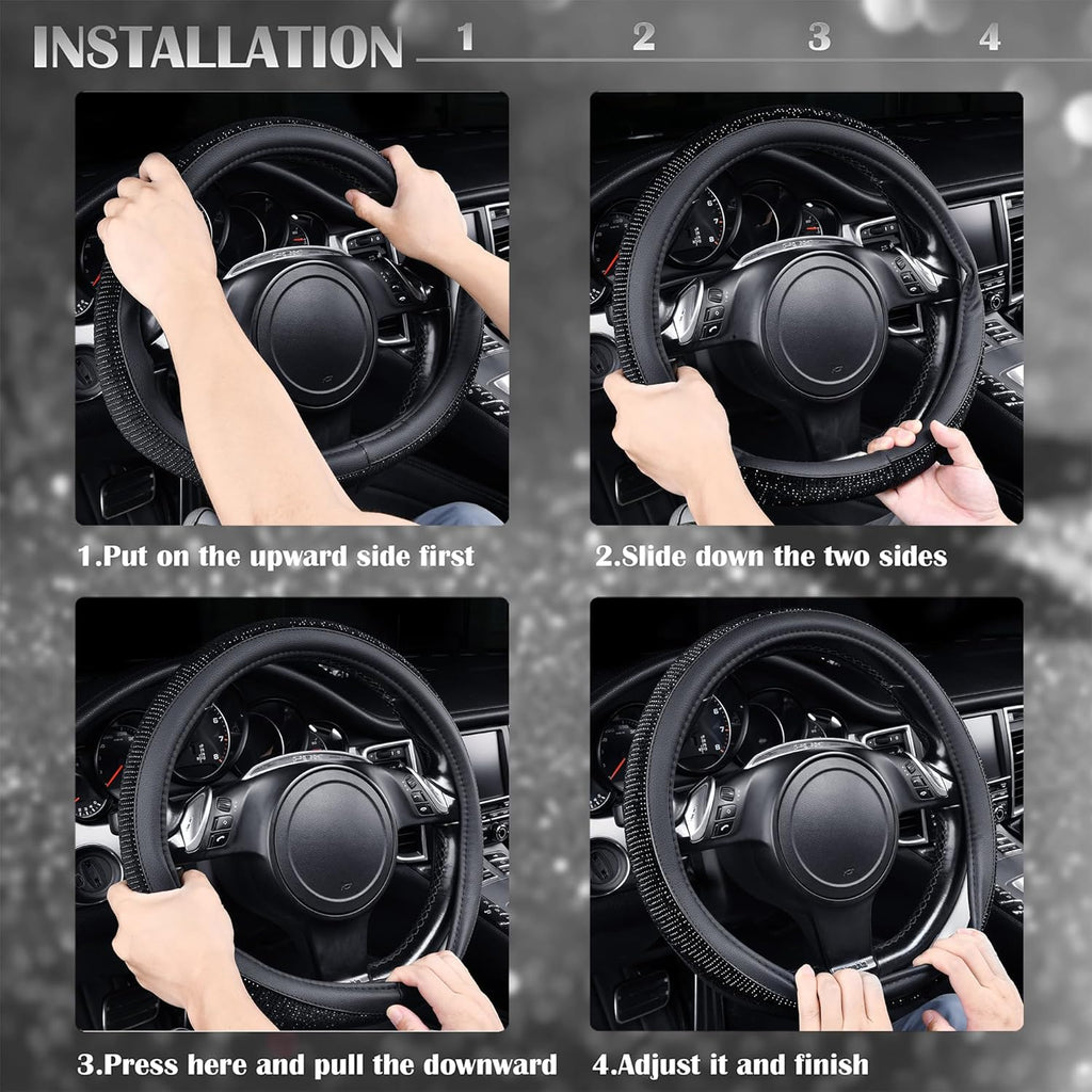 Bling Diamond Leather Steering Wheel Cover, With Sparkly Crystal Glitter Rhinestones Universal Fit 14"1/2-15" Car