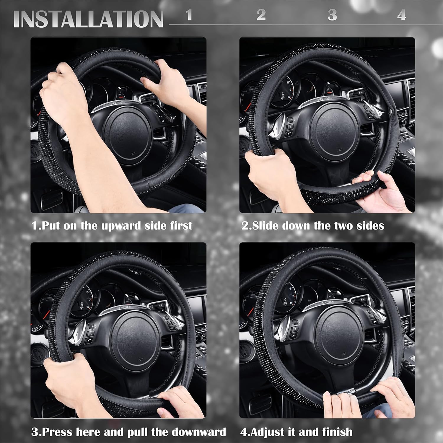 Bling Diamond Leather Steering Wheel Cover, With Sparkly Crystal Glitter Rhinestones Universal Fit 14"1/2-15" Car