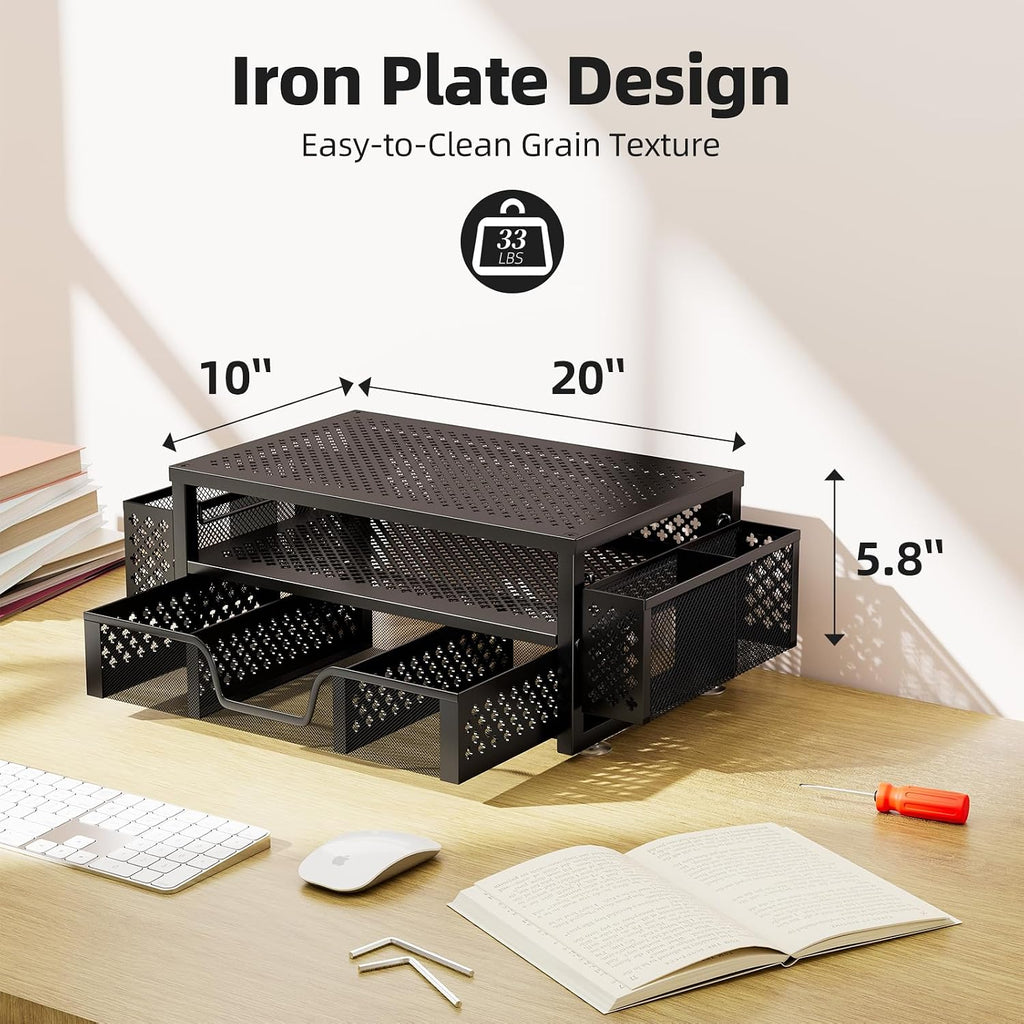 Desk Organizer and Accessories, 2 Tier Computer Metal Monitor Stand Riser with Drawer and Pen Holder for Laptop