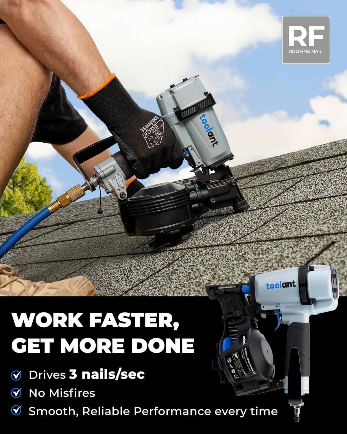 Pneumatic Roofing Coil Nailer for 3/4" to 1-3/4", 15 Degree Nails