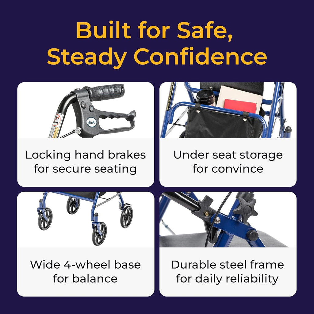 Rollator Walker with Seat - Stable Mobility Support - Height Adjustable - Durable Steel Frame Construction - Smooth