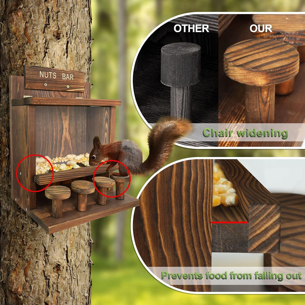 Carbonized Squirrel Feeder, Large Squirrel Feeders for Outside Funny Squrrill Nuts Bar, Durable Wooden Chipmunk House