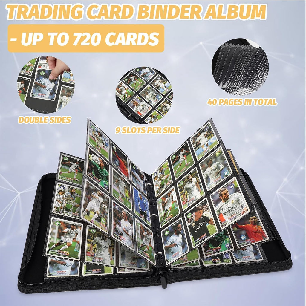 3 Ring 9 Pocket Zipper Card Binder, 720 Double Sided Standard PU Trading Card Album Folder for TCG & Sports Cards