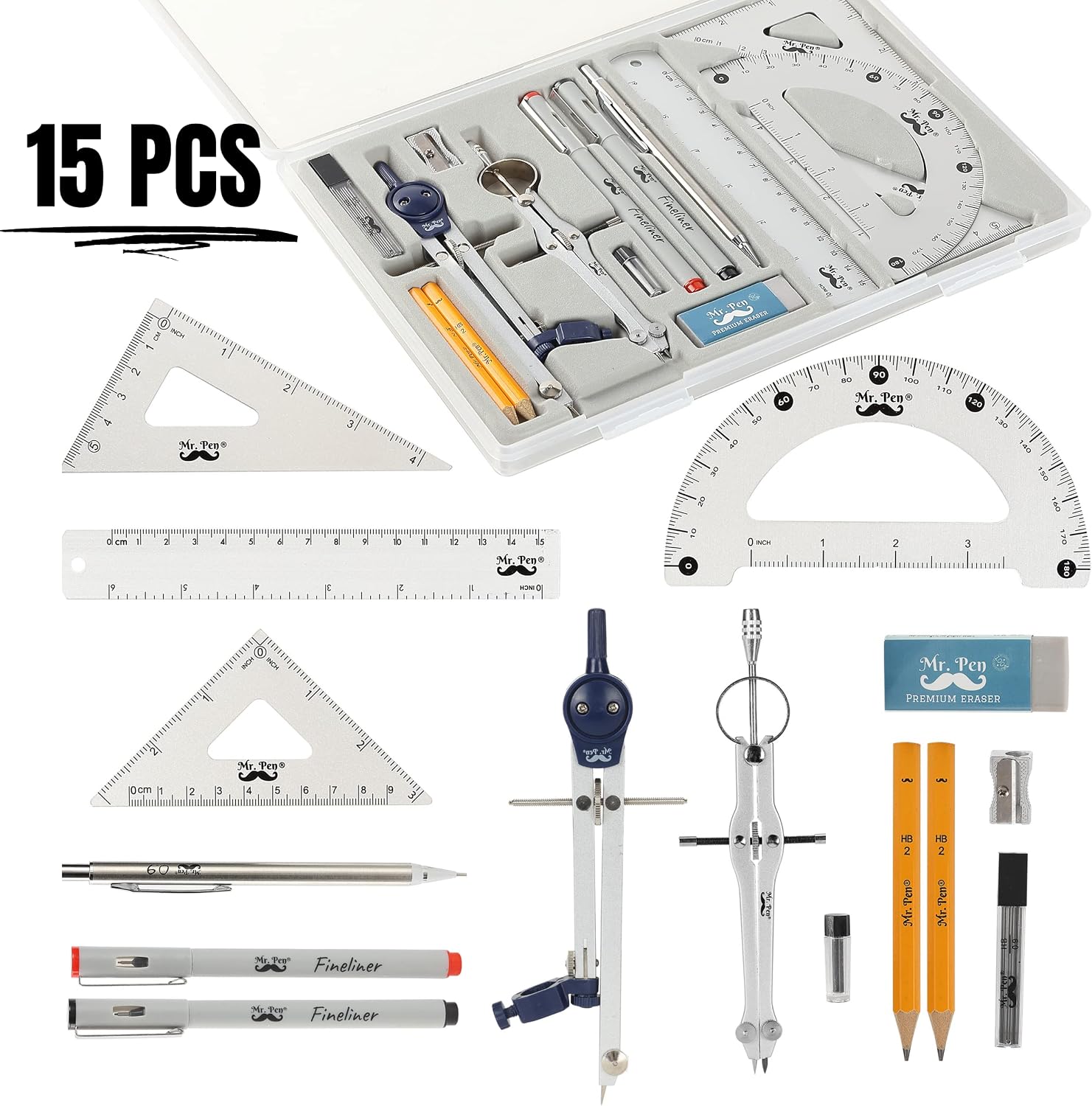 Professional Geometry Set, 15 pcs, Drafting Tools with Protractor | Compass, Metal Ruler, Triangles, Pens & Pencils