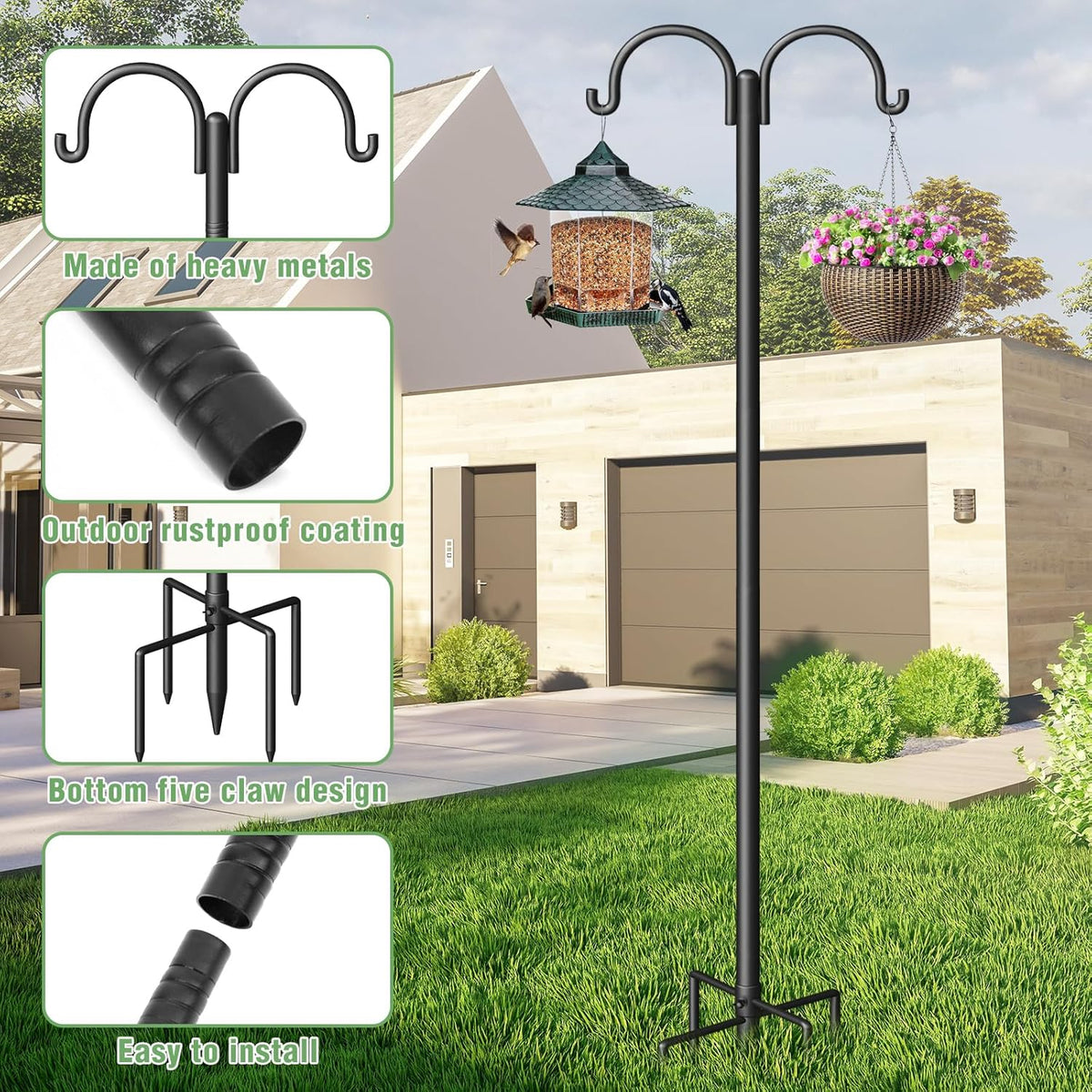 Double Shepherds Hooks for Outdoor, Heavy Duty Bird Feeder Pole with 5-Prong Base - Rust-Proof, Adjustable Bird