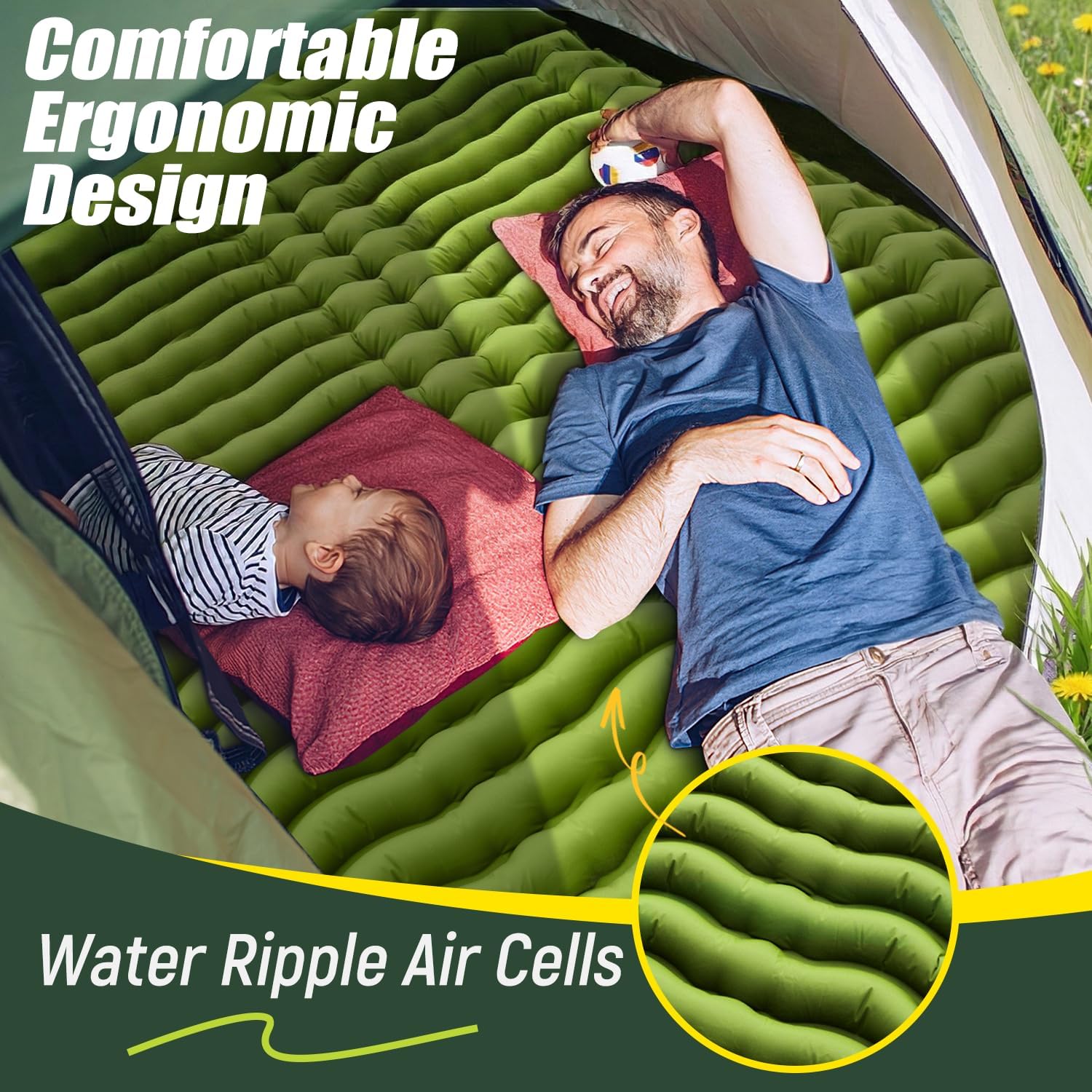 Double Sleeping Pad - Self Inflating 4" Extra-Thick for 2 Person with Pillow Built-in Foot Pump Inflatable Sleeping
