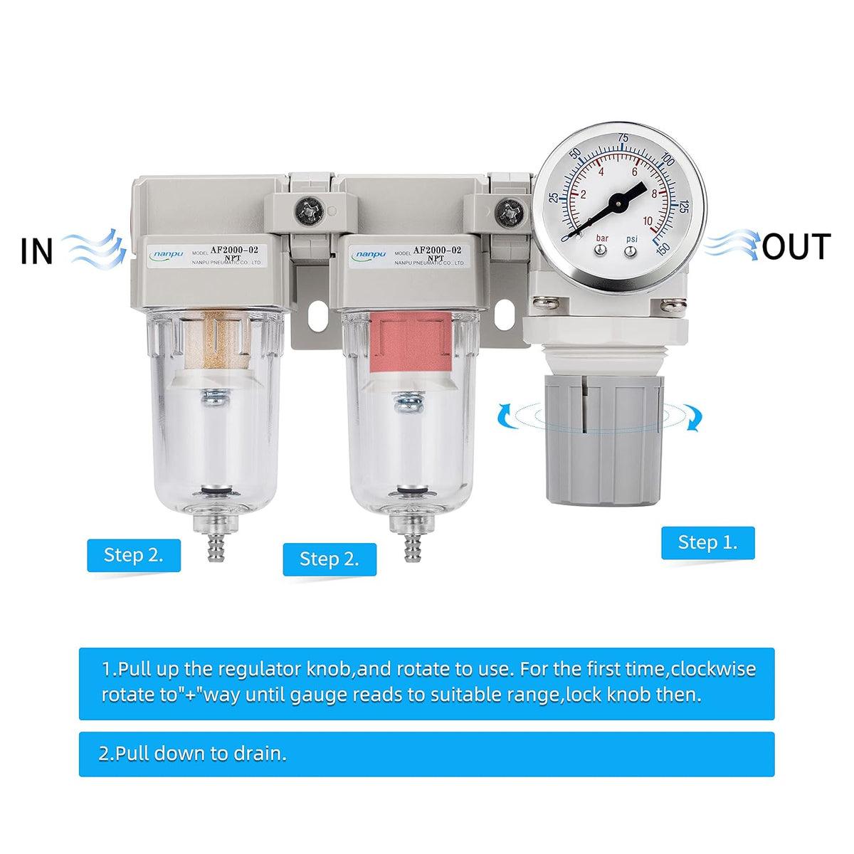 NANPU 1/4" NPT Air Drying System, 0.01-Micron Coalescing Filter Regulator