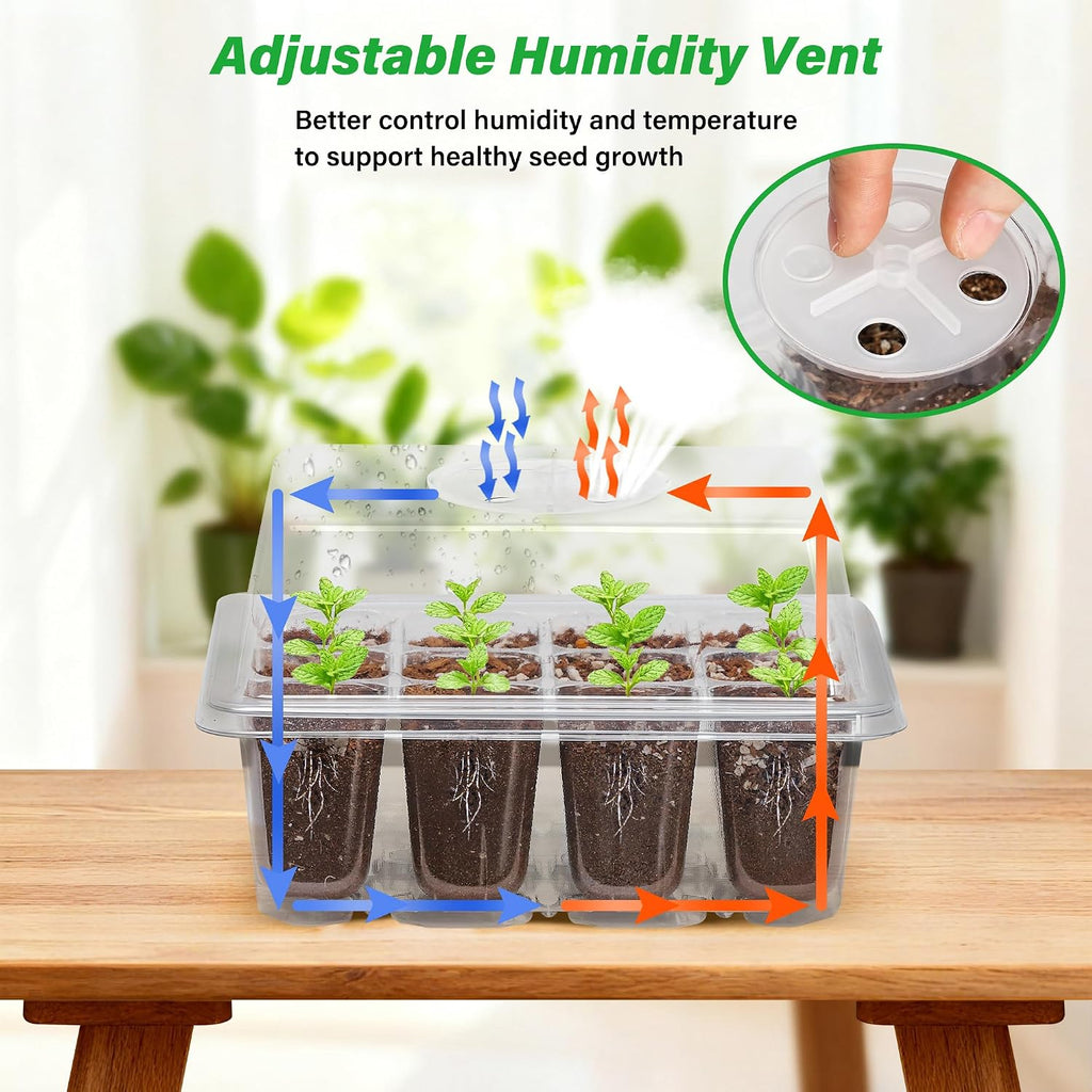 5-Pack Seed Starter Trays, Humidity Dome, Base, 12-Cell Tray, Clear | Adjustable Vents Control Humidity &