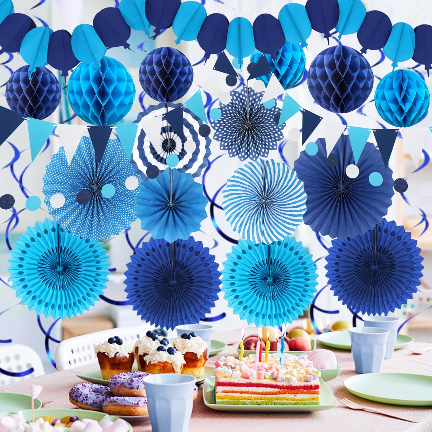 Blue Party Decorations, Easy Assembly Paper Fan Honeycomb Ball Garland Hanging Swirl Navy Blue Party Supplies for Boy