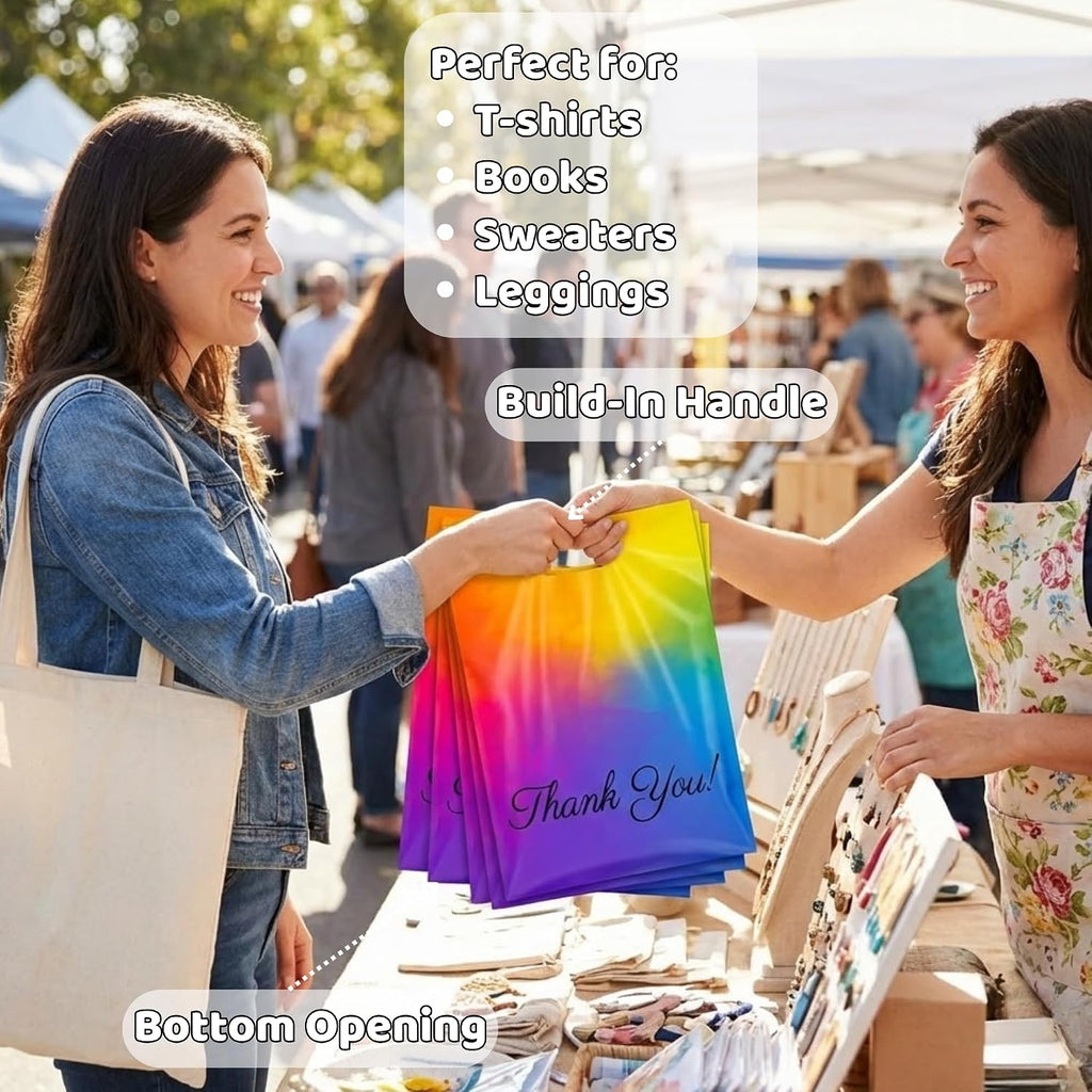 Rainbow Poly Mailers with Handle, 10x13, 100 Pack, Thank You Bags
