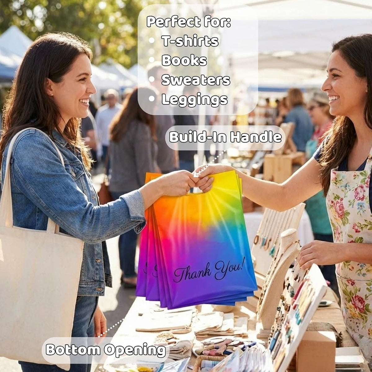 Rainbow Poly Mailers with Handle, 10x13, 100 Pack, Thank You Bags