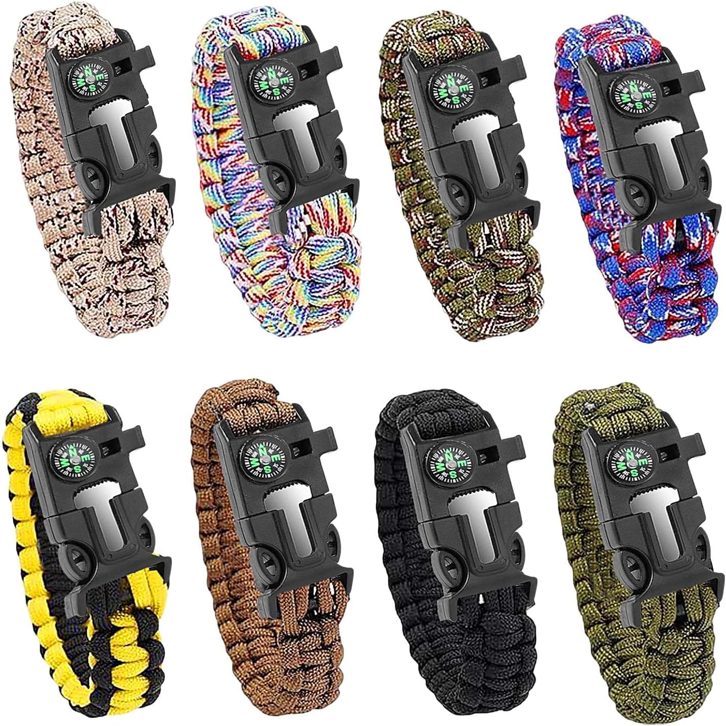 Survival Paracord Bracelet with Fire Starter Compass Whistle - Adjustable Emergency Wristband for Camping Hiking Outdoor