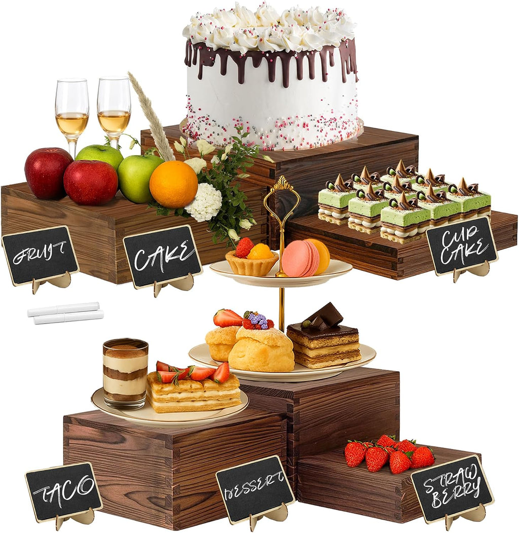 6-Pack Wood Risers Display Stands, Multi-Height Food Risers for Buffet Table, Rustic Wooden Cake & Cupcake Stands for