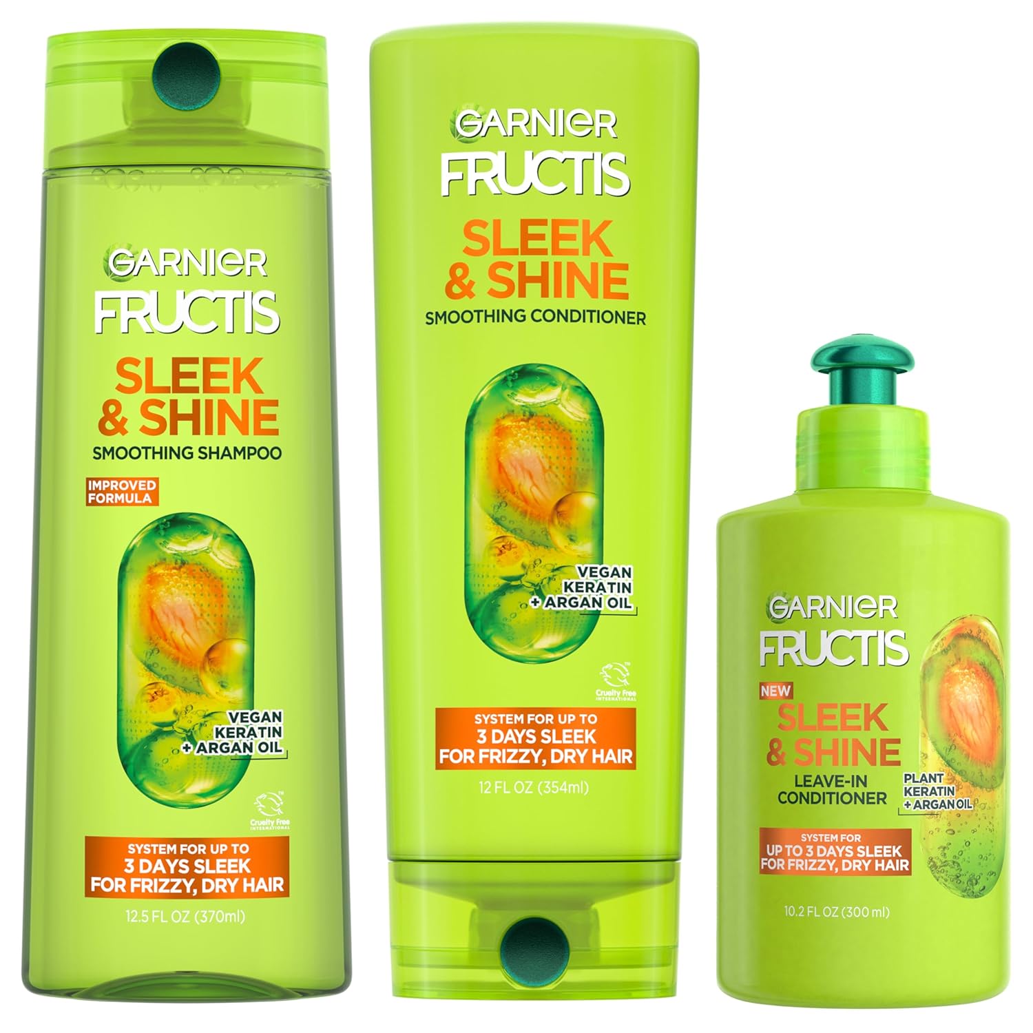 Fructis Sleek & Shine Shampoo, Conditioner + Leave-In Conditioer Set for Frizzy, Dry Hair, Plant Keratin + Argan Oil