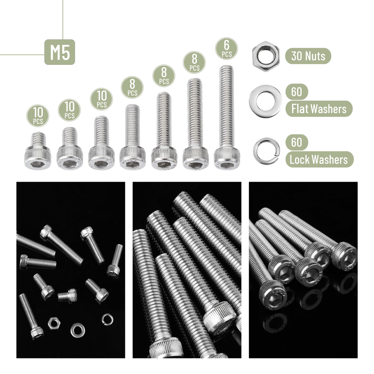 Nuts and Bolts Assortment Kit, 210 pcs, Stainless Steel